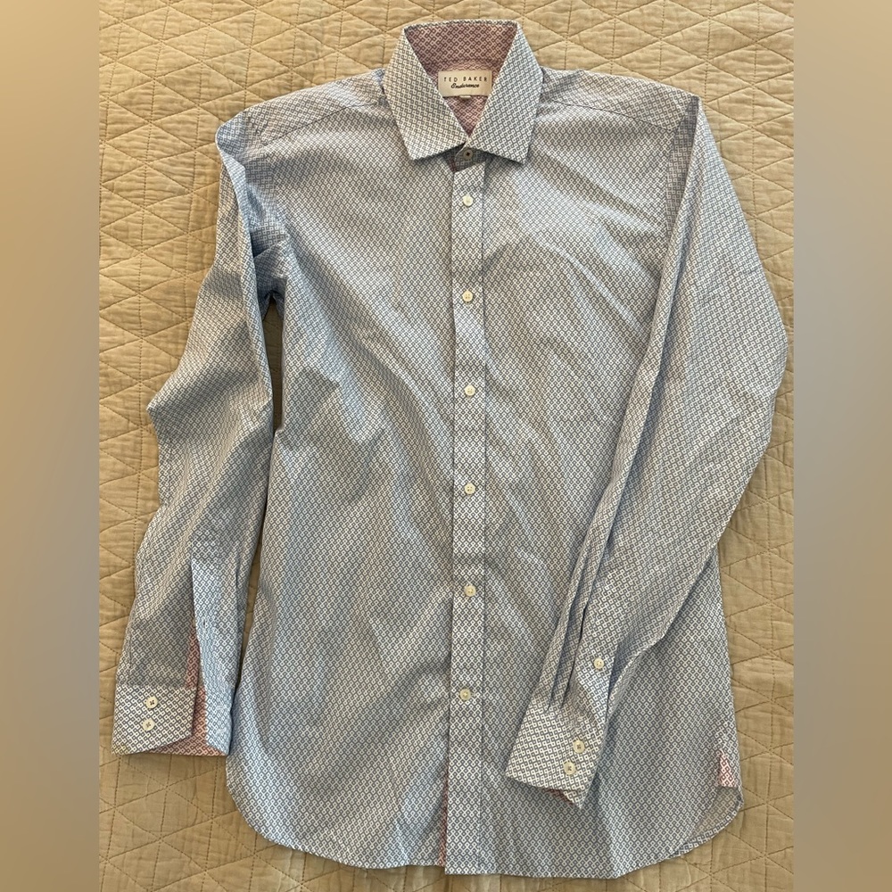 TED BAKER Endurance Print Contrast Placket Sport Shirt in Blue Size 14.5 $165 - Picture 3 of 8